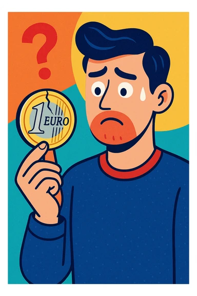 a modern man looking uncertain, holding a single euro coin with a small crack, representing average money habits, vibrant contemporary style sticker