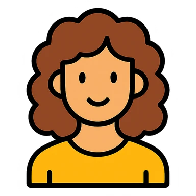 curly haired woman with shoulder length brown hair, flat vector style, clean lines, minimal shading sticker