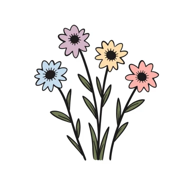 Simple bouquet of spring flowers with different blooms including small daffodils and daisies. Hand-drawn doodle style using pastel colors (pink, light blue, lavender, peach). Cheerful floral arrangement with leaves and stems. Delicate spring bloom design. sticker