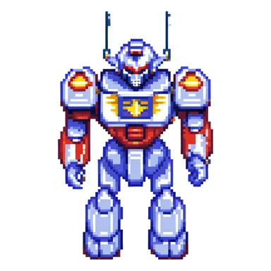 Voltes V robot in classic 8-bit pixel art style, reminiscent of retro video games, detailed and colorful sticker