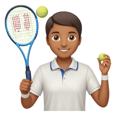 Chindian tennis coach, caramel brown skin, short straight hair, oval face, small eyes, smiling, holding a tennis racket sticker