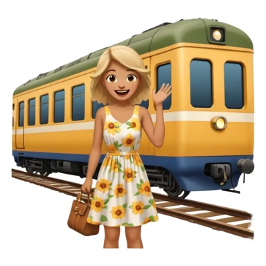 laughing woman infront of train sticker