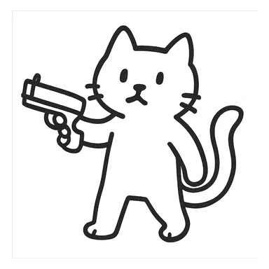 hand-drawn outlined icon of a cat holding a gun sticker