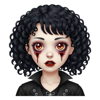 Faça uma mulher zumbi com o cabelo cacheado médio, e uma franja cacheada, cabelo preto e deixe ela meio gótica. sticker
