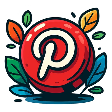 chunky, playful Pinterest logo, vibrant toon style, bold cartoon outline, dramatic shadows, glossy highlights, surrounded by bright leaves, no background sticker