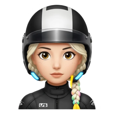 woman with white braided hair in black racer helmet sticker