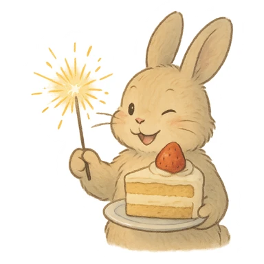 bunny holding cake slice and sparkler, winking, soft ghibli style sticker