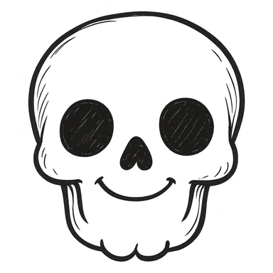 Make the skeleton head look more realistic using only black lines, no color, no shading. Keep it friendly and not scary, front view. sticker
