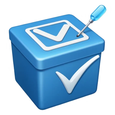 A blue box  and a white tick sticker