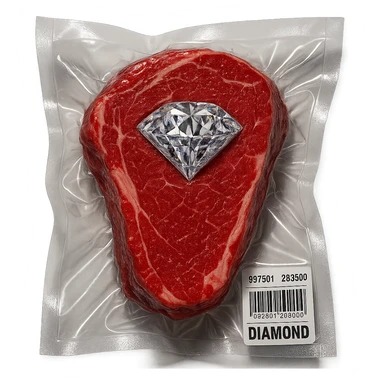 meat steak with sparkling diamond facets, glossy and puffy, vacuum-sealed style sticker