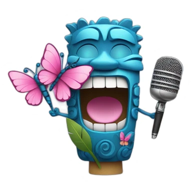 Cartoon Blue and pink tiki singing with butterfly and in the mikrophone sticker