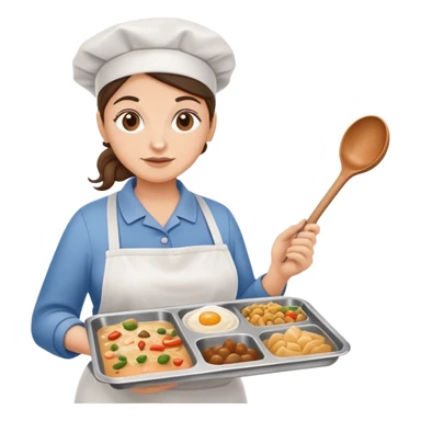lunch lady holding a ladle and a tray with gross food, cartoonish sticker