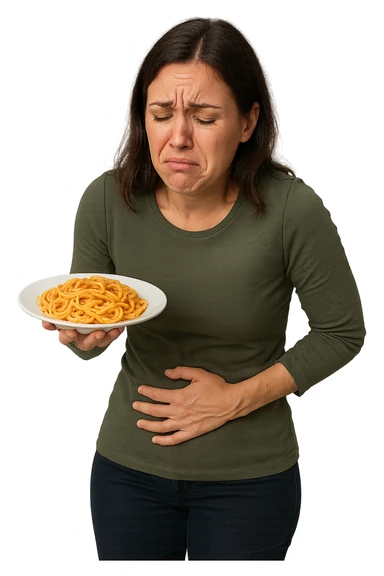 DONNA CON PIATTO DI PASTA IN MANO E MAL DI PANCIA, FA FATICA A DIGERIRE sticker