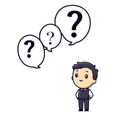 thoughtful person looking up with question marks sticker