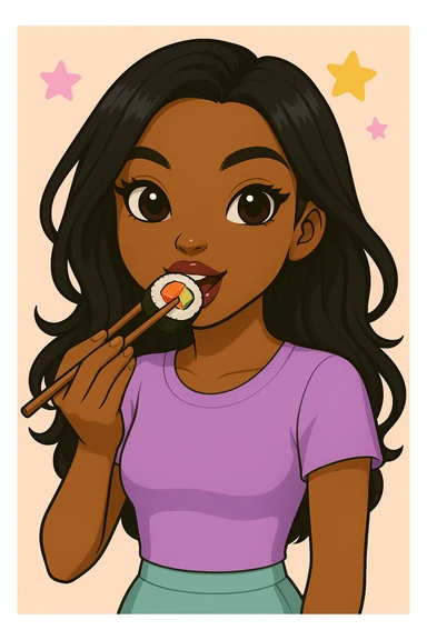 Change the pose to a 20-year-old anime Bratz style woman with dark skin, straight hair, trendy outfit, big expressive eyes, glossy lips, no hat, no tears, happy expression, both eyes open, looking straight ahead, eating a California roll with chopsticks, headshot only. sticker