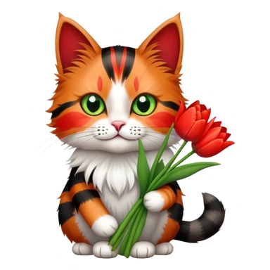 tricolor fluffy cat with big green eyes holding red tulips in her arms sticker