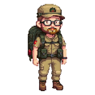 adventurer with goatee beard (no beard on cheeks), short hair, glasses, backwards military tan cap and backpack sticker