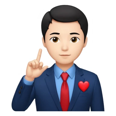 A man in very black short hair with all back hair style, wearing dark blue suit and red tie, making a Korean finger heart like photo sticker