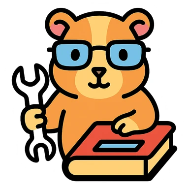 studious guinea pig with glasses, holding a wrench and fixing a book, color outline icon sticker