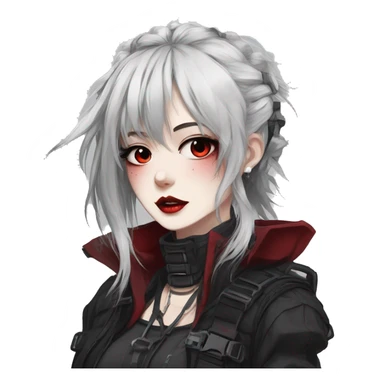 Gorgeous gothic dark techwear anime style lady with blushing face aesthetic and pretty edgy black red punk messy hair with collar and harness trending style sticker
