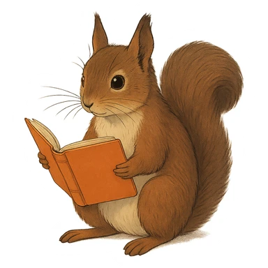 A cute brown squirrel with an orange book, studying at Siberian Federal University, sitting, full body, detailed fur, intelligent and beautiful sticker