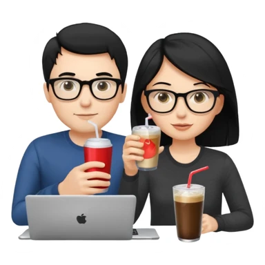 Hombre blanco con gafas, pelo negro tomando un refresco frente a un ordenador con ropa de sport,  y se ve en la pantalla del ordenador una mujer rubia tomando café sticker