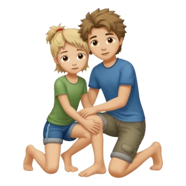 barefooted boy with messy hair putting his foot on a kneeling girl sticker