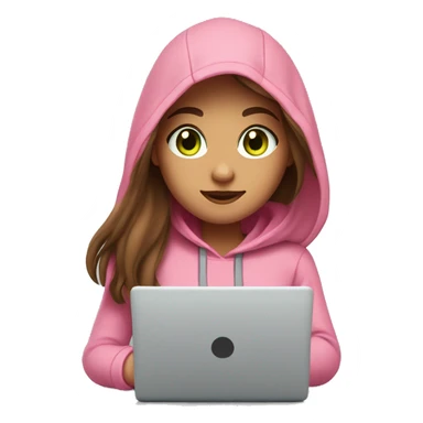 A girl with brown long hair, fair skin and green eyes, working at a modern laptop in a plain pink hoodie sticker