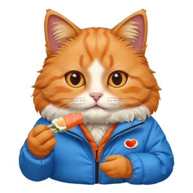 cat wearing a puffy jacket and eating sushi sticker