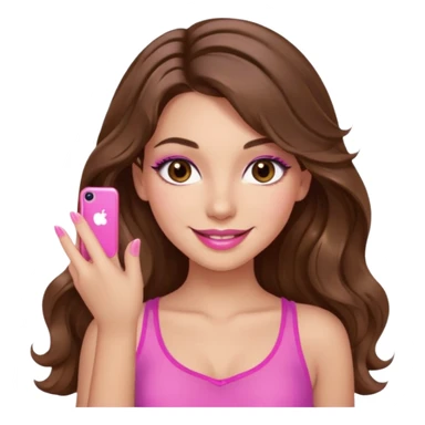 girl with long wavy brown hair, brown eyes, long lashes, sexy pink lips, light to medium complexion, wearing a pink sexy top, smiling, finger tips touching sticker