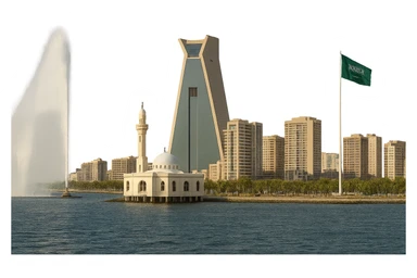 cinematic, realistic emoji of Jeddah, wide city view with real, completed buildings including King Fahd Fountain, National Commercial Bank Tower, Jeddah Corniche Mosque, and Jeddah Flagpole, lifelike detail, accurate colors, bright daytime lighting, fully transparent background with no sky and no clouds, exclude unbuilt Jeddah Tower sticker