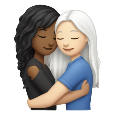 A lesbian couple who both have white skin and long black hair are hugging intimately. sticker