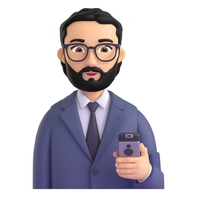 full body standing pose of same professional man with medium black beard, neat black hair, connected unibrow, olive tan skin, brown eyes, glasses, prominent nose, dressed in formal black jacket, with mobile phone sticker