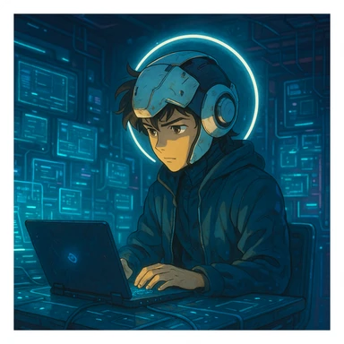 ghibli style futuristic tech boy with robot helmet, glowing white circle, high-tech laptop, neon cyberpunk room, holographic displays, focused, mysterious sticker