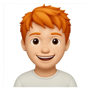 Make the strawberry blond boy with ginger freckles smile wider. The original style is a transparent background image, please keep the transparent background and the style consistent. sticker