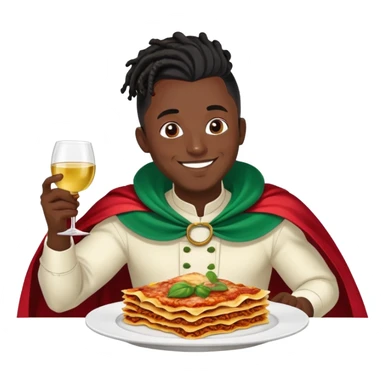  High fade widows peak ponytail dreadlock male black hair dark skin smiling and nigerian cape eating lasagna and wine  sticker