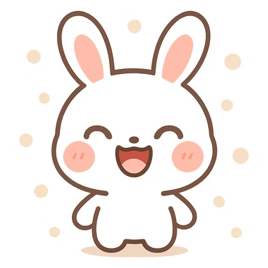 kawaii cartoon bunny, white with soft pink cheeks, large upright ears with pink insides, closed crescent-shaped eyes, wide open mouth laughing, rounded head, minimalistic clean lines, chibi proportions, centered, subtle shadows, warm lighting, soft features, vector pen tool, flat color palette, smooth bezier curves, thick dark outlines, simplified color shading, high-contrast expression, emoji character design, sticker-ready sticker
