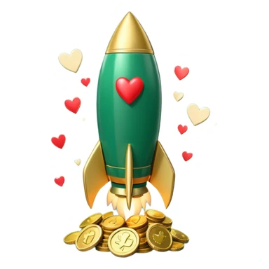 3D rocket with coins and hearts, deep green color (#0B3D2C), gold accents (#C9B037), cream highlights, glossy modern style, transparent background sticker