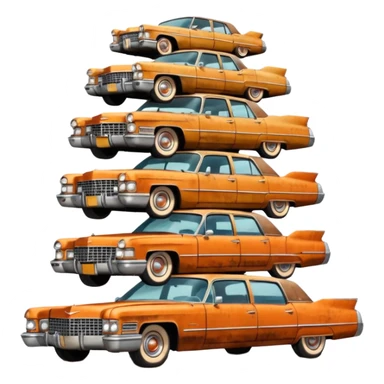 Cinematic realistic ultra HD - a pile of old vintage cadillac cars stacked in a pyramid sticker