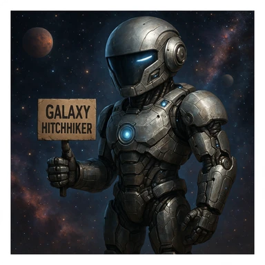 A robot hitchhiking across the galaxy, holding a sign that says 'Galaxy Hitchhiker', realistic and detailed, sci-fi style sticker