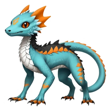 Rare realistic exotic cute white gloomy whitish and orange and cyan epic pretty beautiful handsome gorgeous aesthetic colorful vibrant Vernid-Trico-species-Fakemon-Salandit-hybrid-creature by LiLaiRa, 4 legs, 1 tail, random markings, (full body) sticker