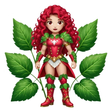 full body woman long curly brown hair brown eyes white skin tattoos muscular build dressed as strawberry spirit, glossy berry armor, leaf boots, confident pose sticker