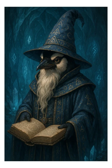 a wise penguin wizard with a long beard, holding an ancient book, in a detailed fantasy style sticker