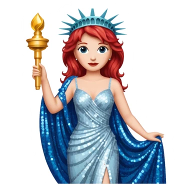 Lady Liberty from Film Studios with red wavy hair, white sequin gown, blue sequin drape sticker