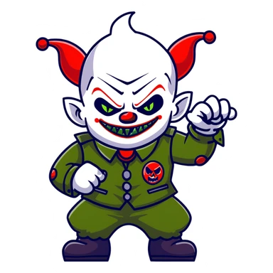 evil clown warrior, bald, very short devil-like horns on forehead, fangs, pointed ears, black and military green leisure suit, battle-ready fighting posture sticker