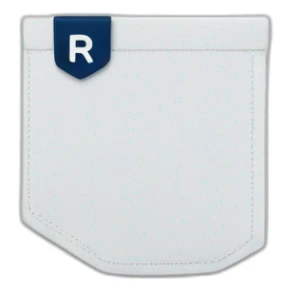 white tshirt with navy letter r on breast pocket sticker