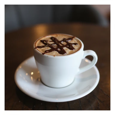 a realistic cup of mocha, photorealistic style, white ceramic cup, chocolate drizzle on top, creamy texture, cozy coffee shop vibe sticker