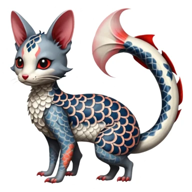 Japanese oriental Asian Edgy badass swimmy wet painted intricate ornate Japanese Asian koi-Minccino-Lykoi-Emolga-Sphynx-Linoone-Zangoose-fusion-hybrid-animal-Fakémon-creature, full body, thin long sleek scaly tail, intricate markings sticker