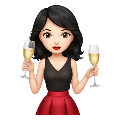 A woman with wavy black hair in a cherry skirt, beautiful and authoritative, drinking champagne sticker