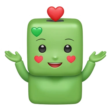 A cute green block-headed mascot with a happy face and blush, wearing “FGH” on its chest. It holds a shiny red heart in one hand. Chibi style, soft glow outline, cheerful and friendly. sticker